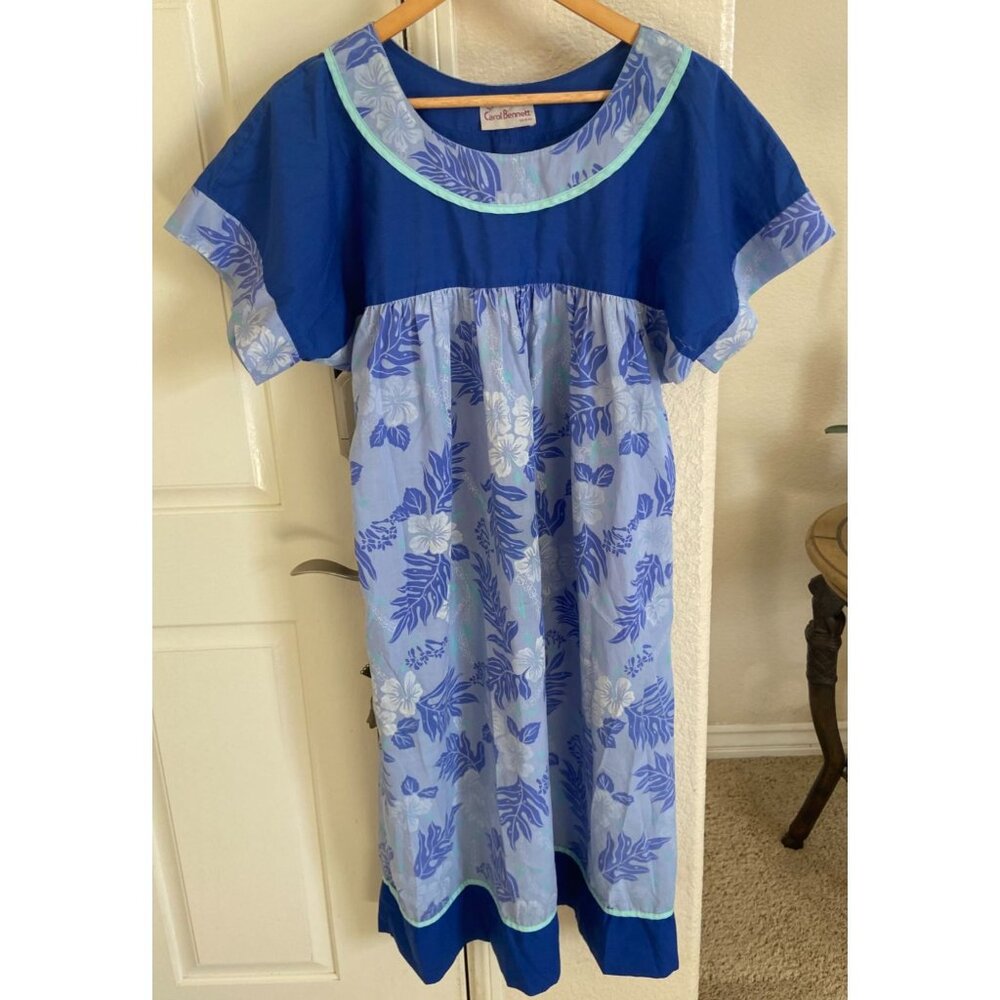 Vtg Carol Bennett MuMu Caftan Hawaiian Aloha Blue Floral c1970's